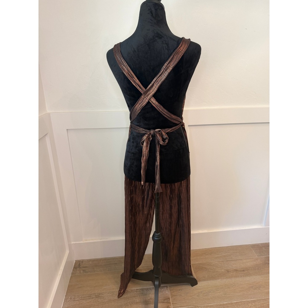 12th Tribe Metallic Bronze Pleated Wide Leg Jumpsuit Deep V Wrap Back XS - Picture 3 of 7